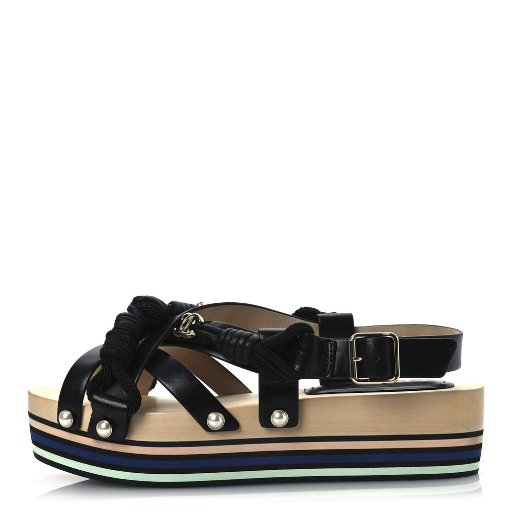 Calfskin Cord Pearl CC Sandals 38 Black