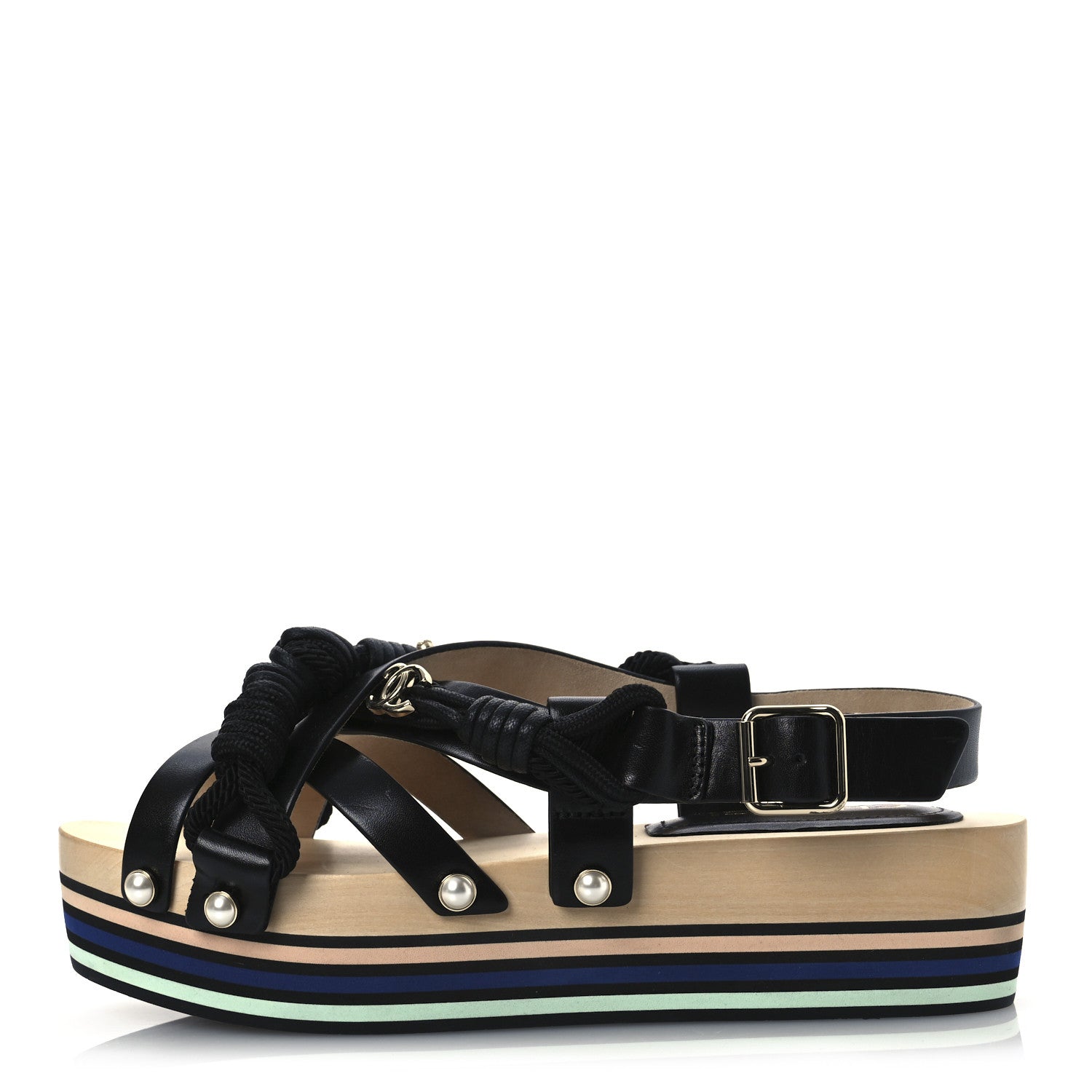 Calfskin Cord Pearl CC Sandals 38 Black