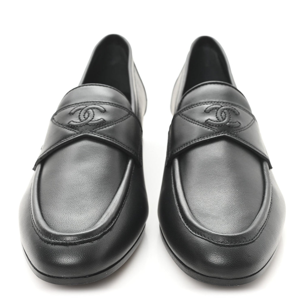 Calfskin Womens Stitched CC Loafers 38 Black