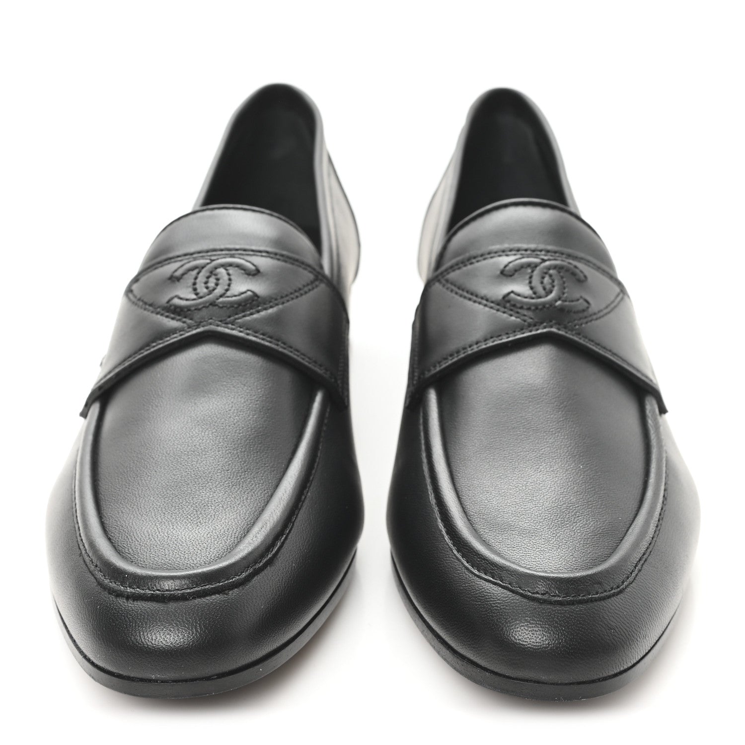 Calfskin Womens Stitched CC Loafers 38 Black