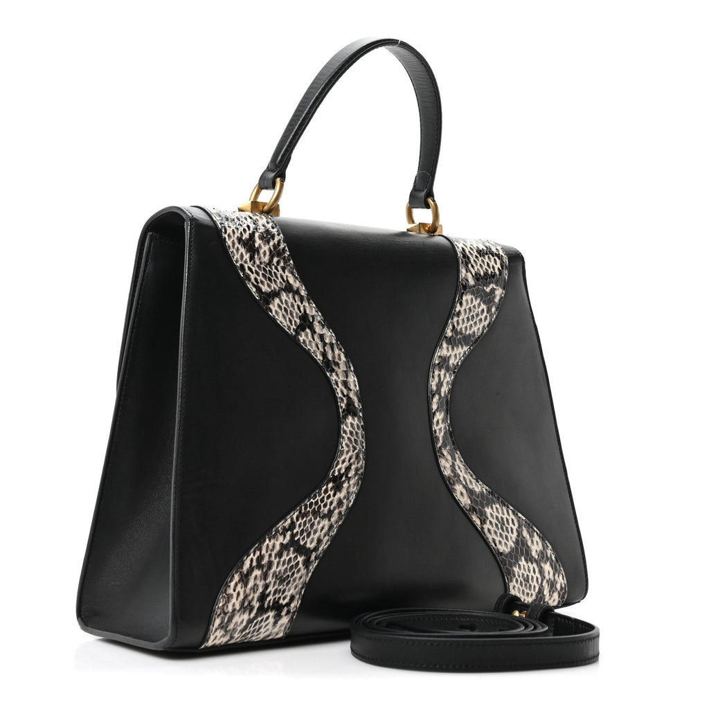 Gucci Calfskin Snakeskin GG Supreme Monogram Medium Osiride Top Handle Bag Black