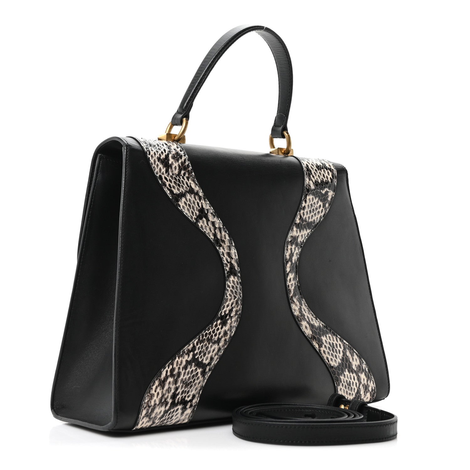 Gucci Calfskin Snakeskin GG Supreme Monogram Medium Osiride Top Handle Bag Black
