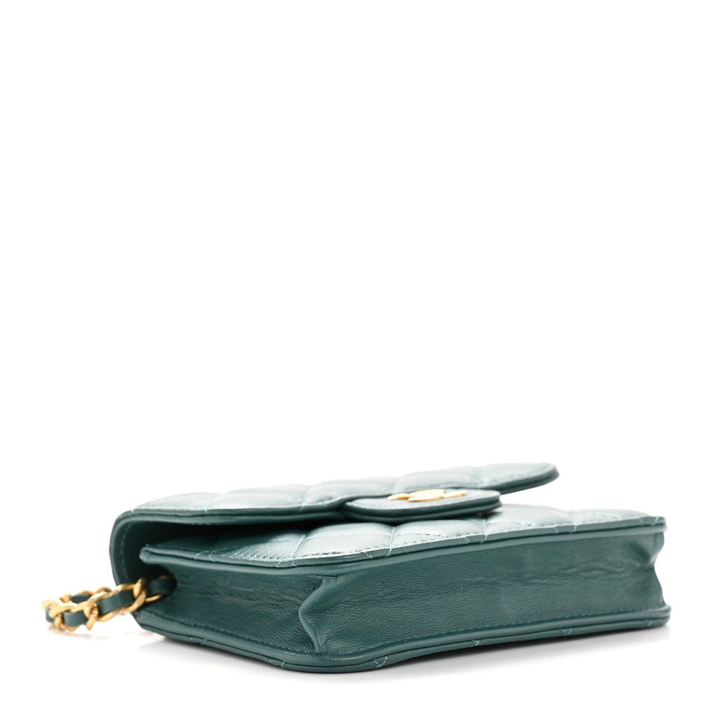 Chanel Lambskin Quilted Top Handle Flap Coin Purse With Chain Green