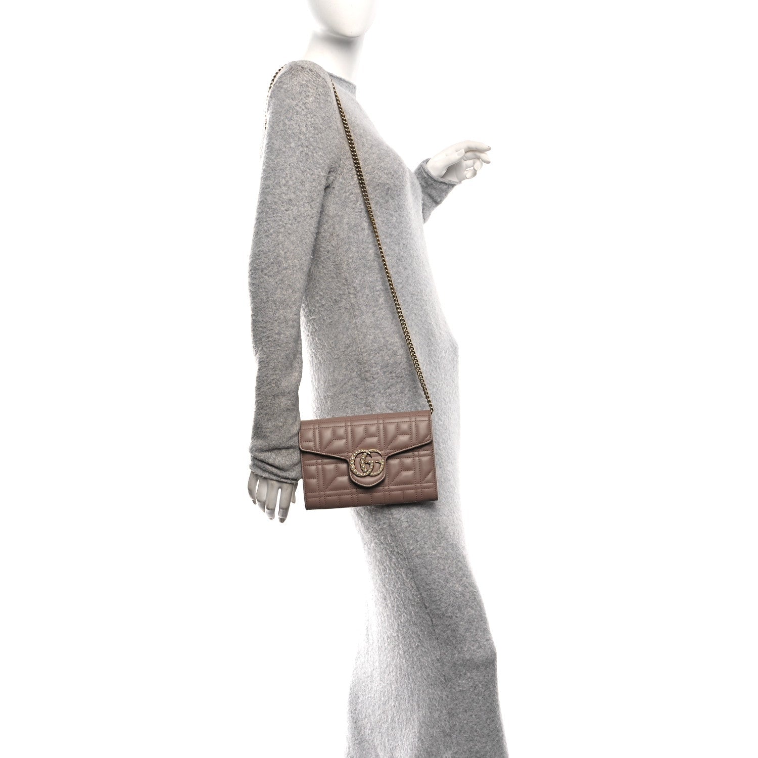 Gucci Calfskin Matelasse Mini Pearly GG Marmont Chain Wallet Porcelain Rose