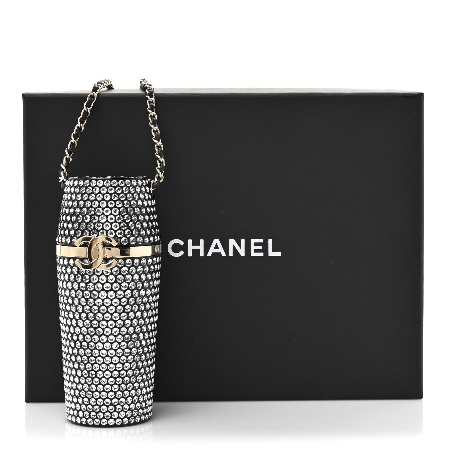 Chanel Metal Resin Lambskin Crystal Lipstick Case Long Necklace On Chain Silver Black Gold