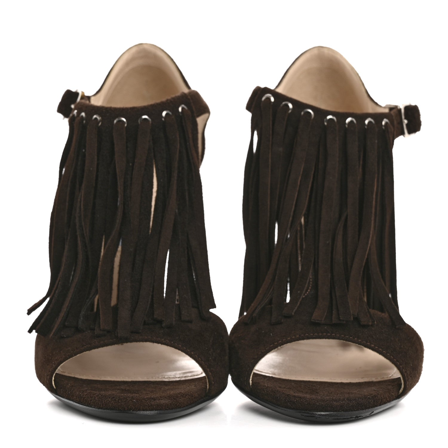 Prada Suede Fringe Peep Toe Sandal 36 Moro