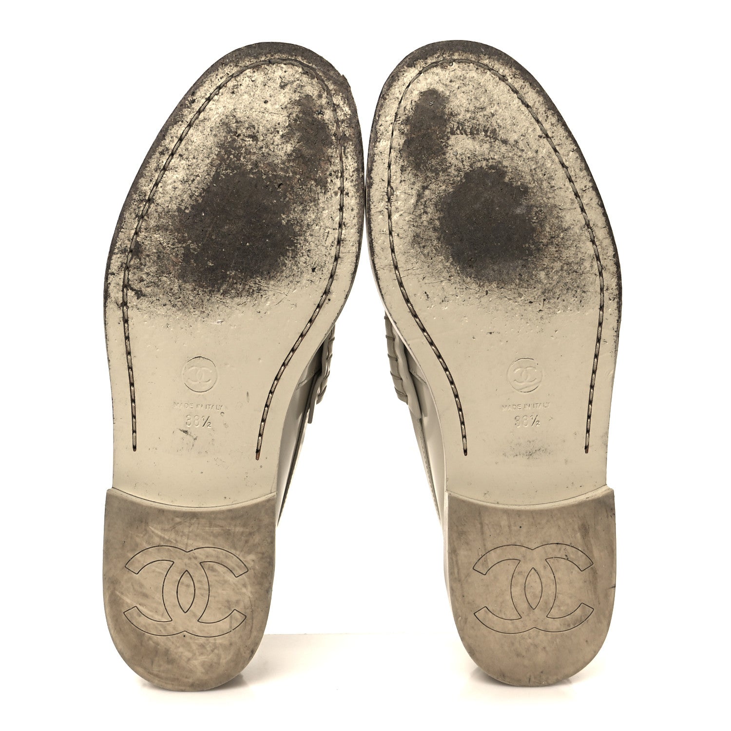 Chanel Shiny Calfskin Logo Loafers 38.5 Beige