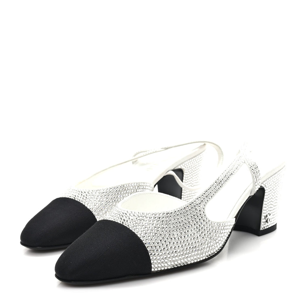 Chanel Strass Grosgrain Cap Toe CC Slingback Pumps 36 Silver Black