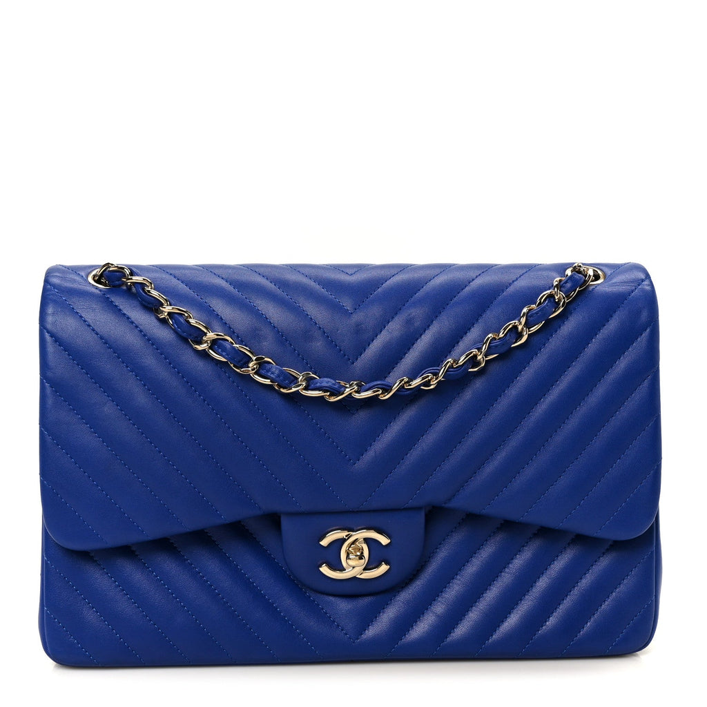 Chanel Lambskin Chevron Quilted Jumbo Double Flap Navy Blue