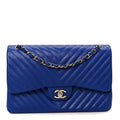 Chanel Lambskin Chevron Quilted Jumbo Double Flap Navy Blue