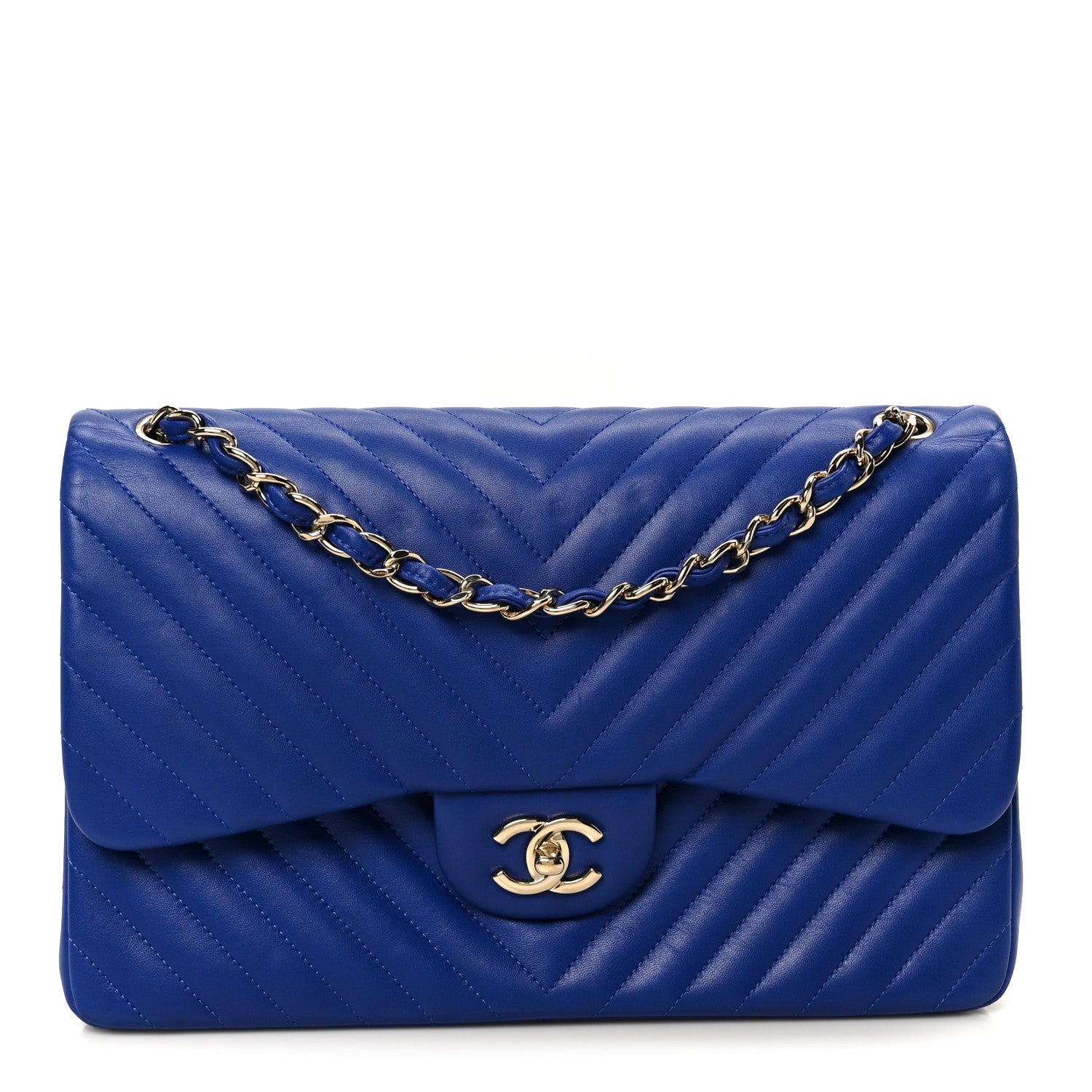 Chanel Lambskin Chevron Quilted Jumbo Double Flap Navy Blue