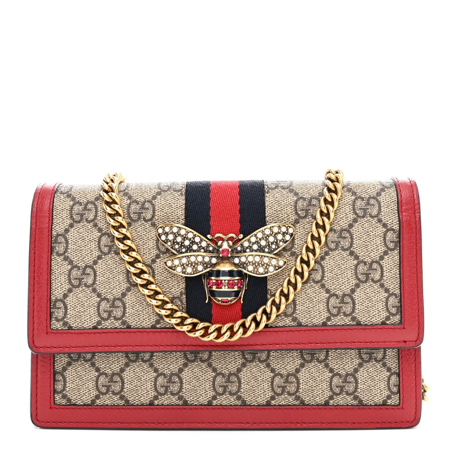Gucci GG Supreme Monogram Web Queen Margaret Chain Wallet Red