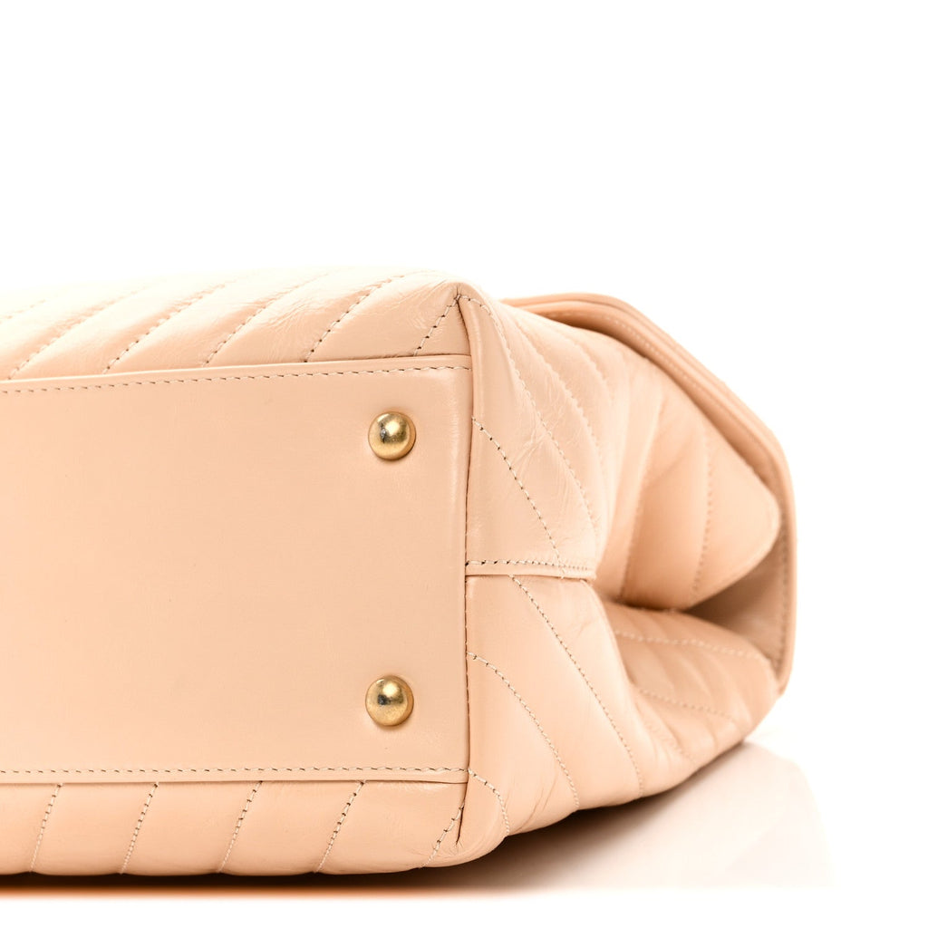 Chanel Calfskin Chevron Quilted Medium Coco Handle Flap Beige