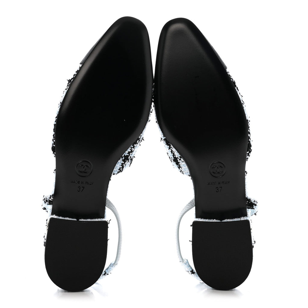 Chanel Tweed Grosgrain Cap Toe Slingback Flats 37 Blue White Black