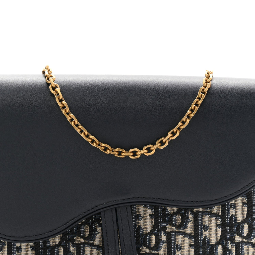 Christian Dior Oblique Smooth Calfskin Medium Saddle Pouch With Chain Blue