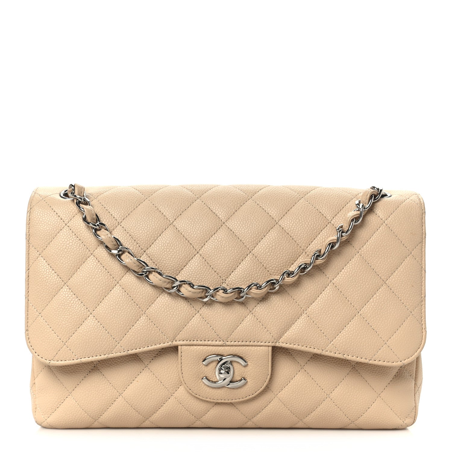 Chanel Caviar Quilted Jumbo Double Flap Beige