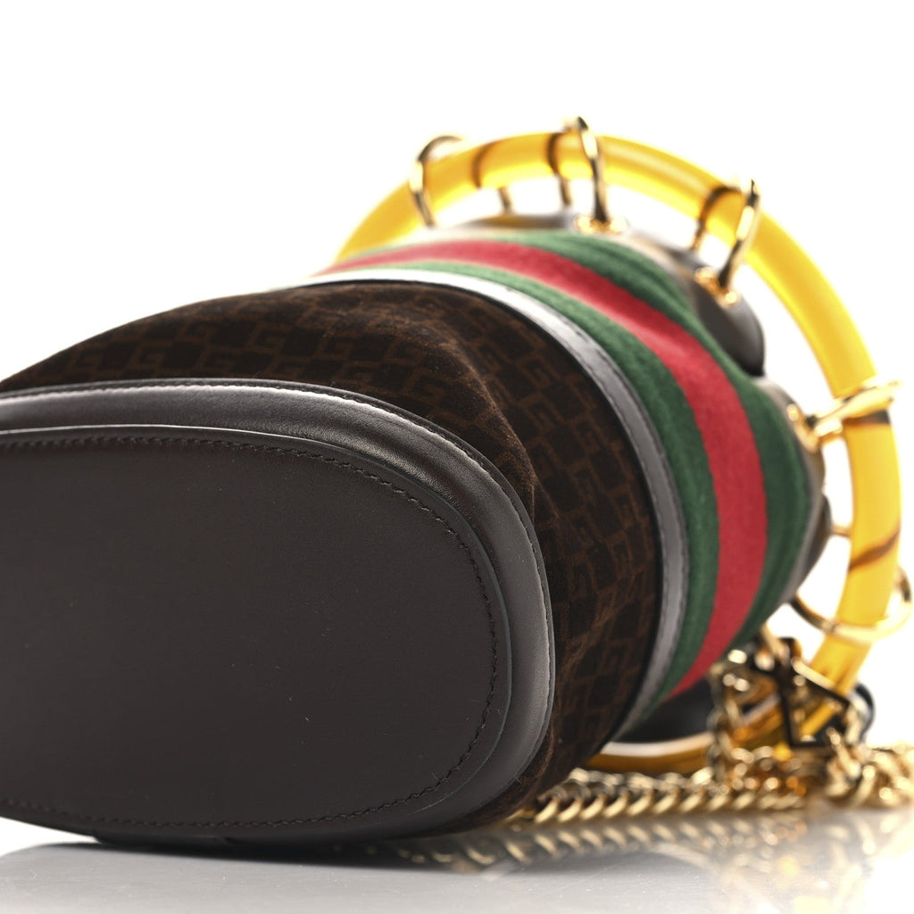Gucci Suede Calfskin Web G Logo Bucket Bag Dark Brown