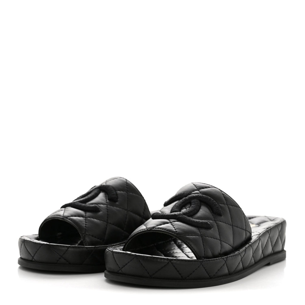Lambskin Quilted CC Mules Sandals 35 Black