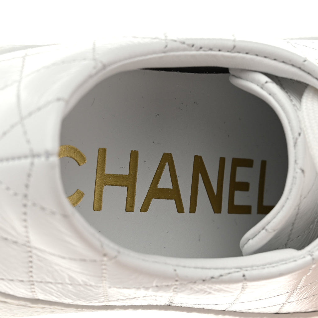 Crumpled Lambskin Patent Cap Toe CC Stitched Sneakers 35.5 White Black
