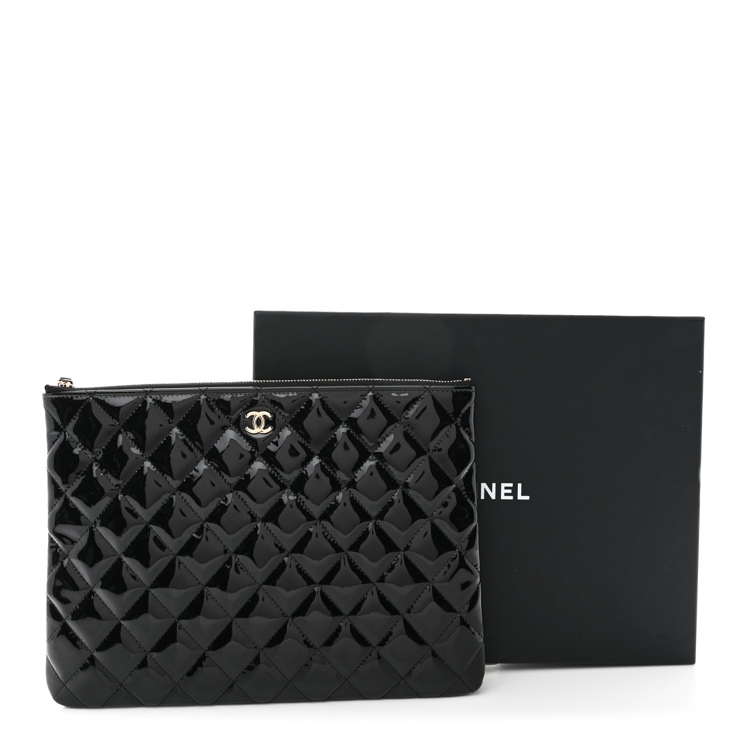Patent Calfskin Quilted Medium Cosmetic Case Black