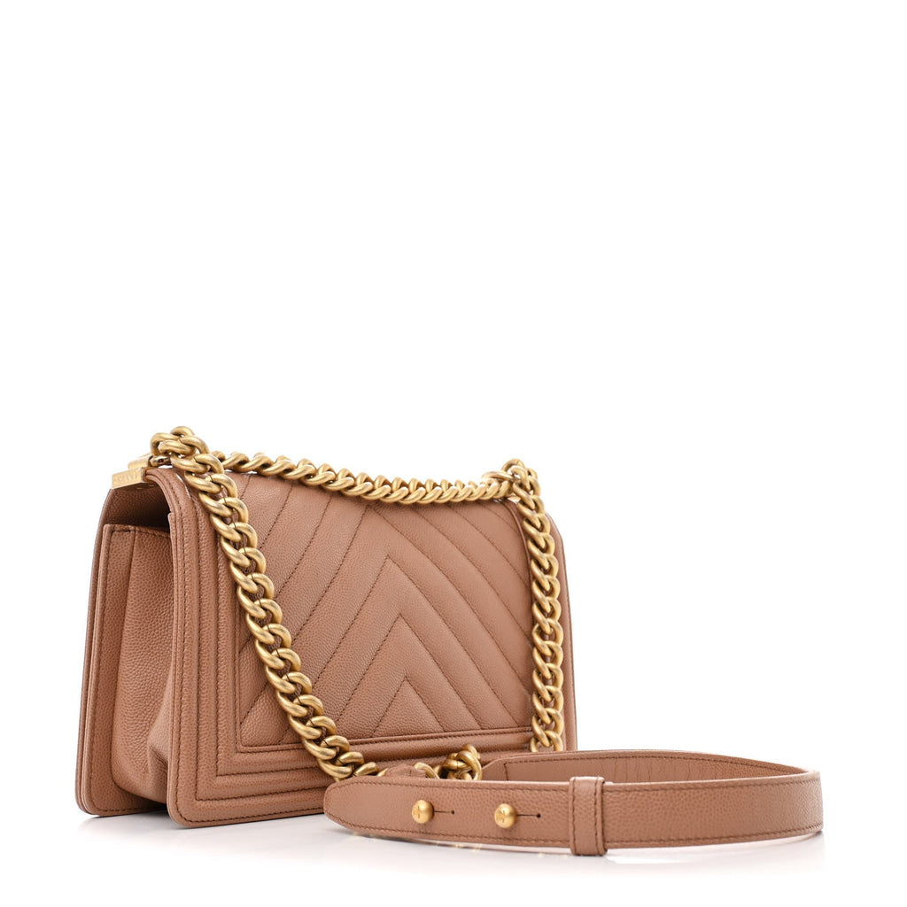Chanel Caviar Chevron Quilted Medium Boy Flap Brown