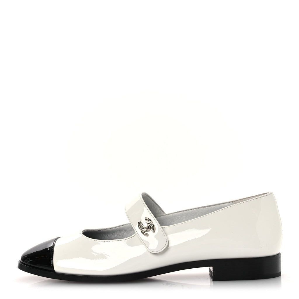 Patent Calfskin Mary Janes Flats 39 White Black
