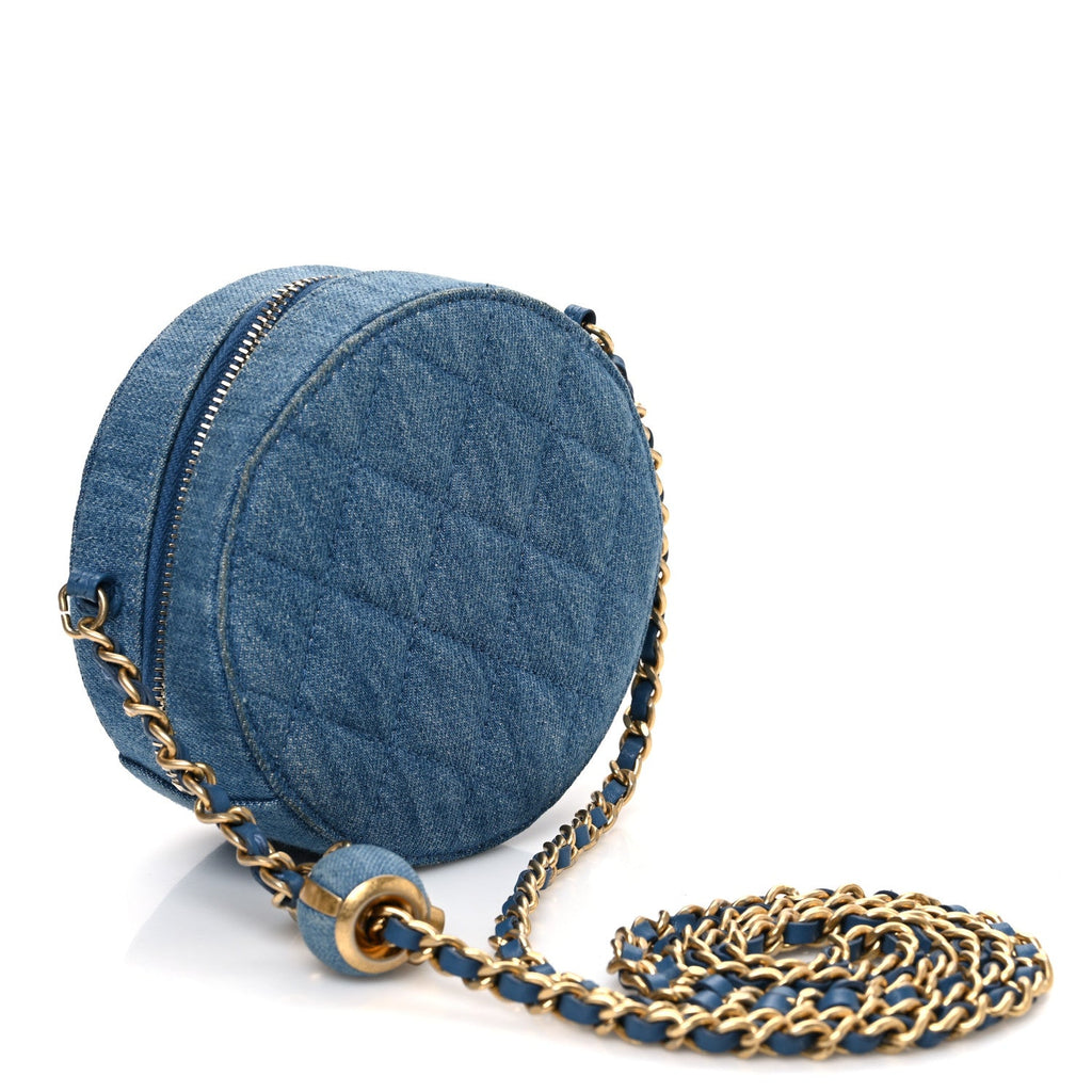 Chanel Denim Quilted Round Pearl Crush Clutch With Chain Blue