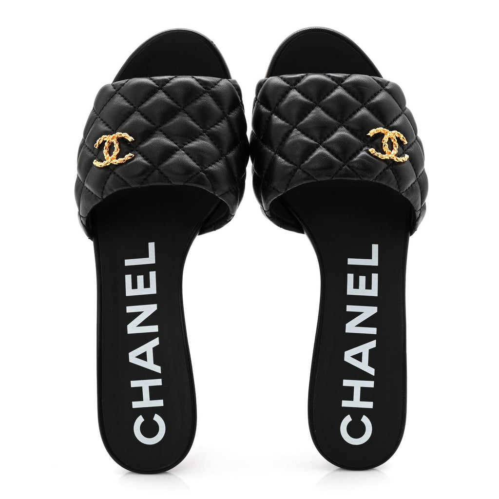 Lambskin Quilted Textured CC Mules 37.5 Black