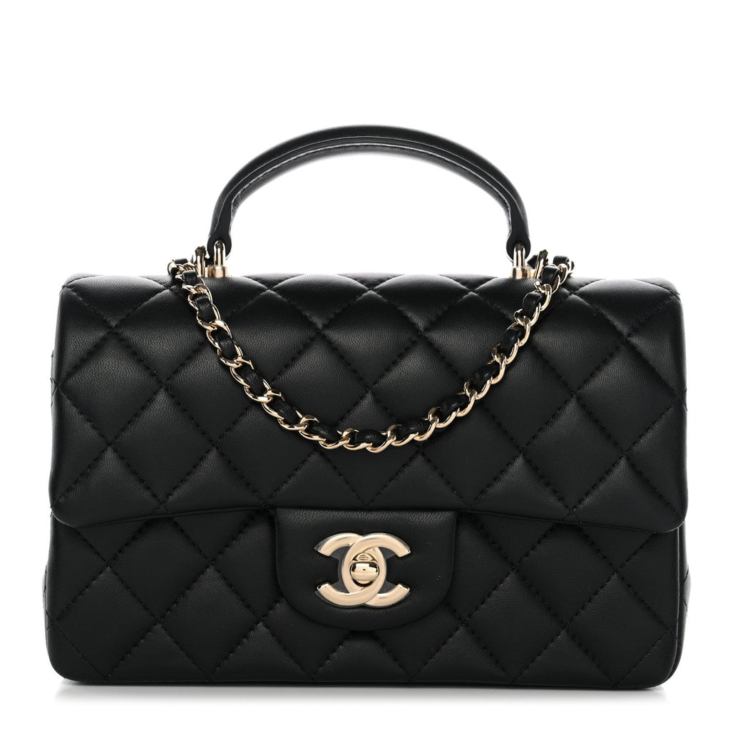 Chanel Lambskin Quilted Mini Top Handle Rectangular Flap Black