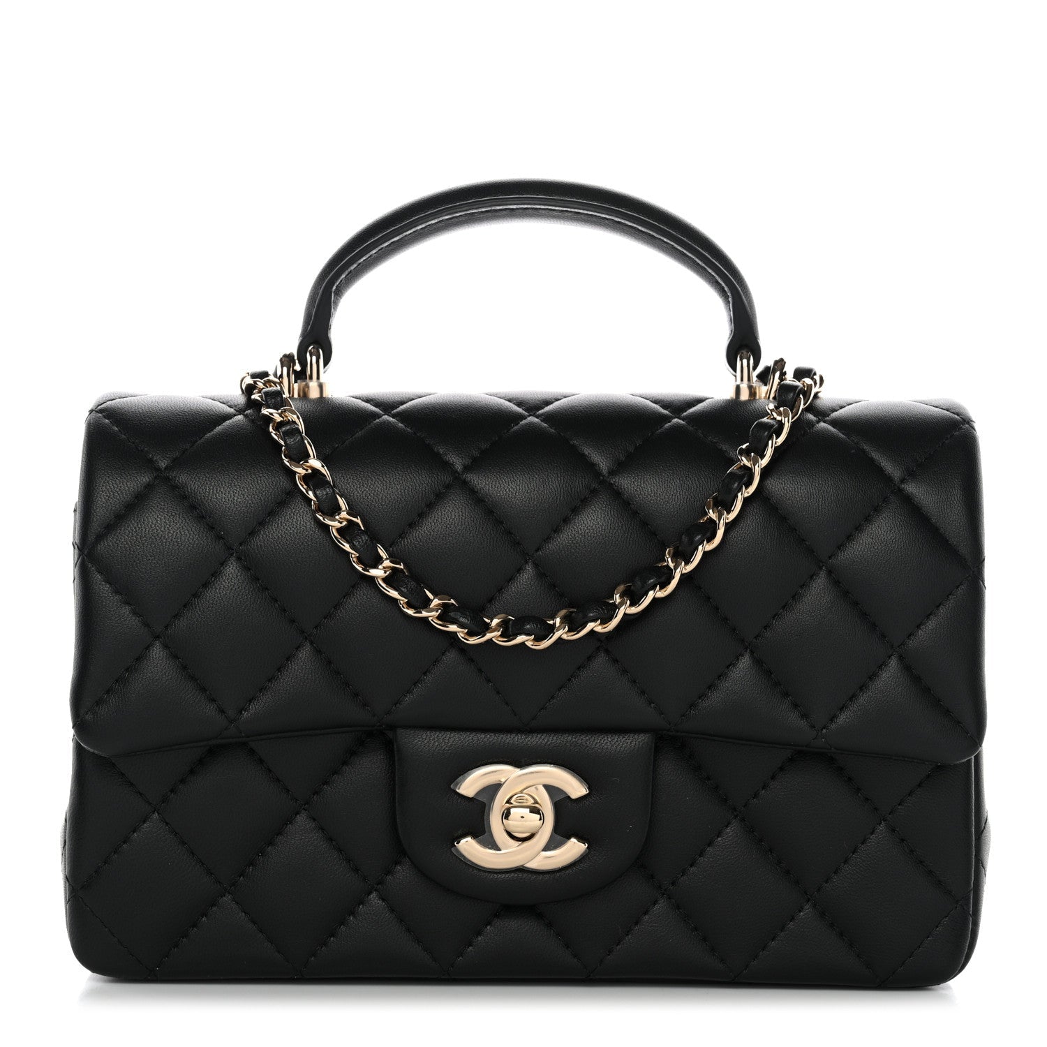 Chanel Lambskin Quilted Mini Top Handle Rectangular Flap Black