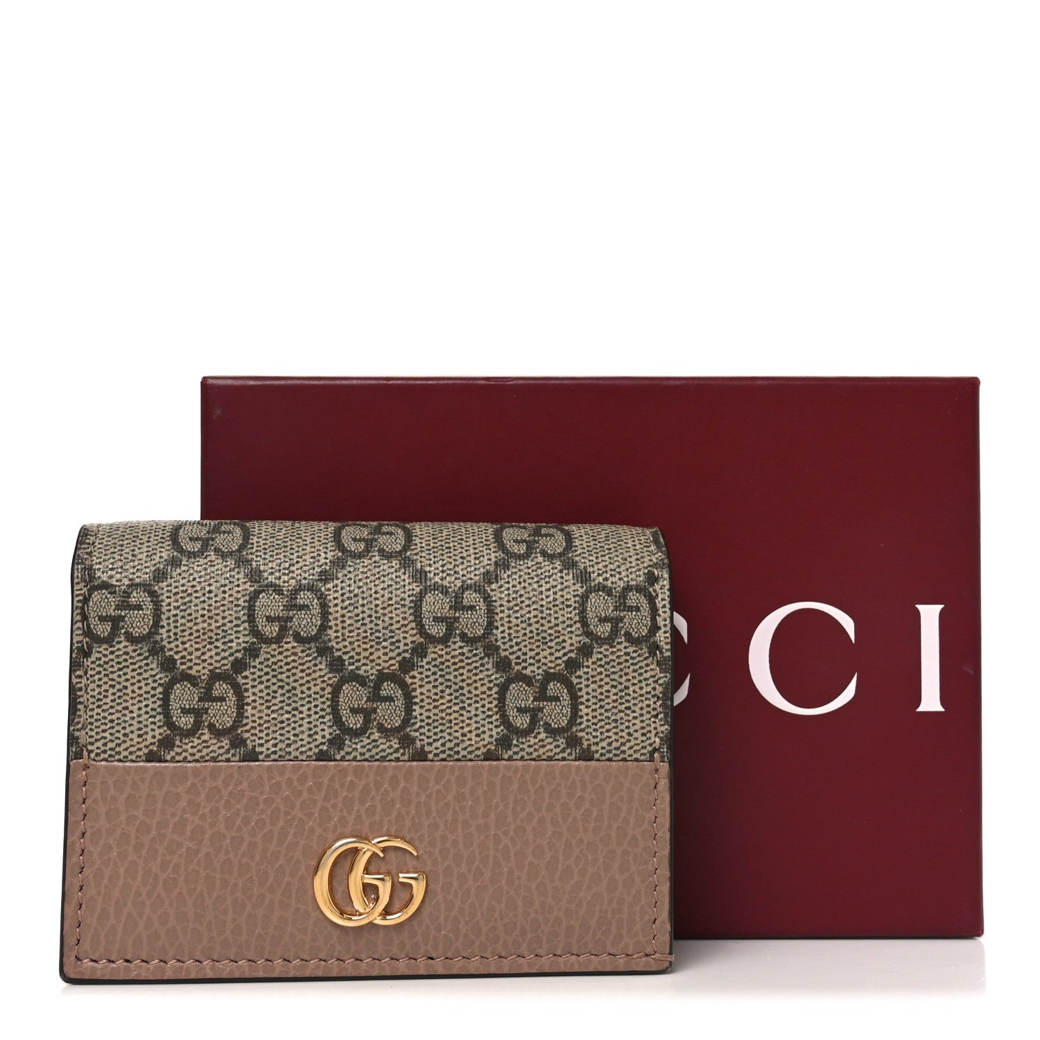 Gucci Dollar Calfskin GG Supreme Monogram GG Marmont Card Case Porcelain Rose Beige Ebony