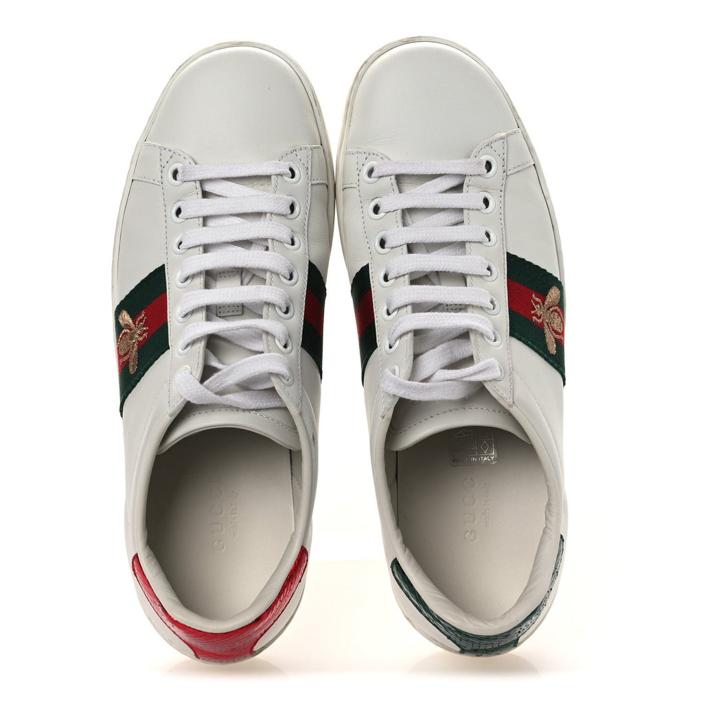 Gucci Calfskin Ayers Bee Embroidered Womens Ace Sneakers 36 White Green