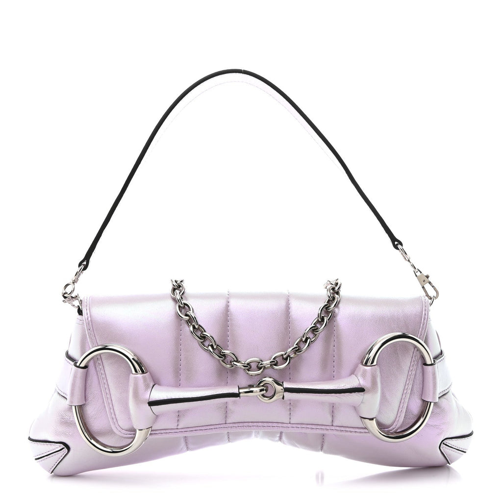 Gucci Iridescent Nappa Vertical Matelasse Medium Maxi Horsebit Chain Shoulder Bag Escape Pink