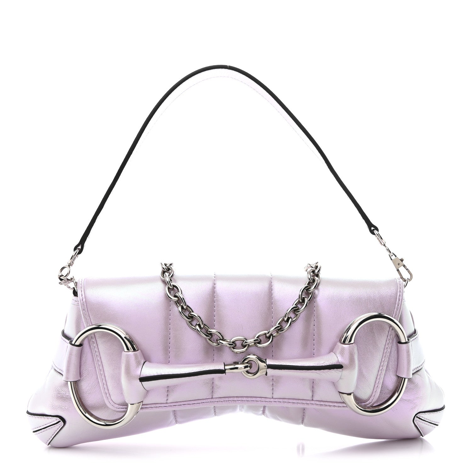 Gucci Iridescent Nappa Vertical Matelasse Medium Maxi Horsebit Chain Shoulder Bag Escape Pink
