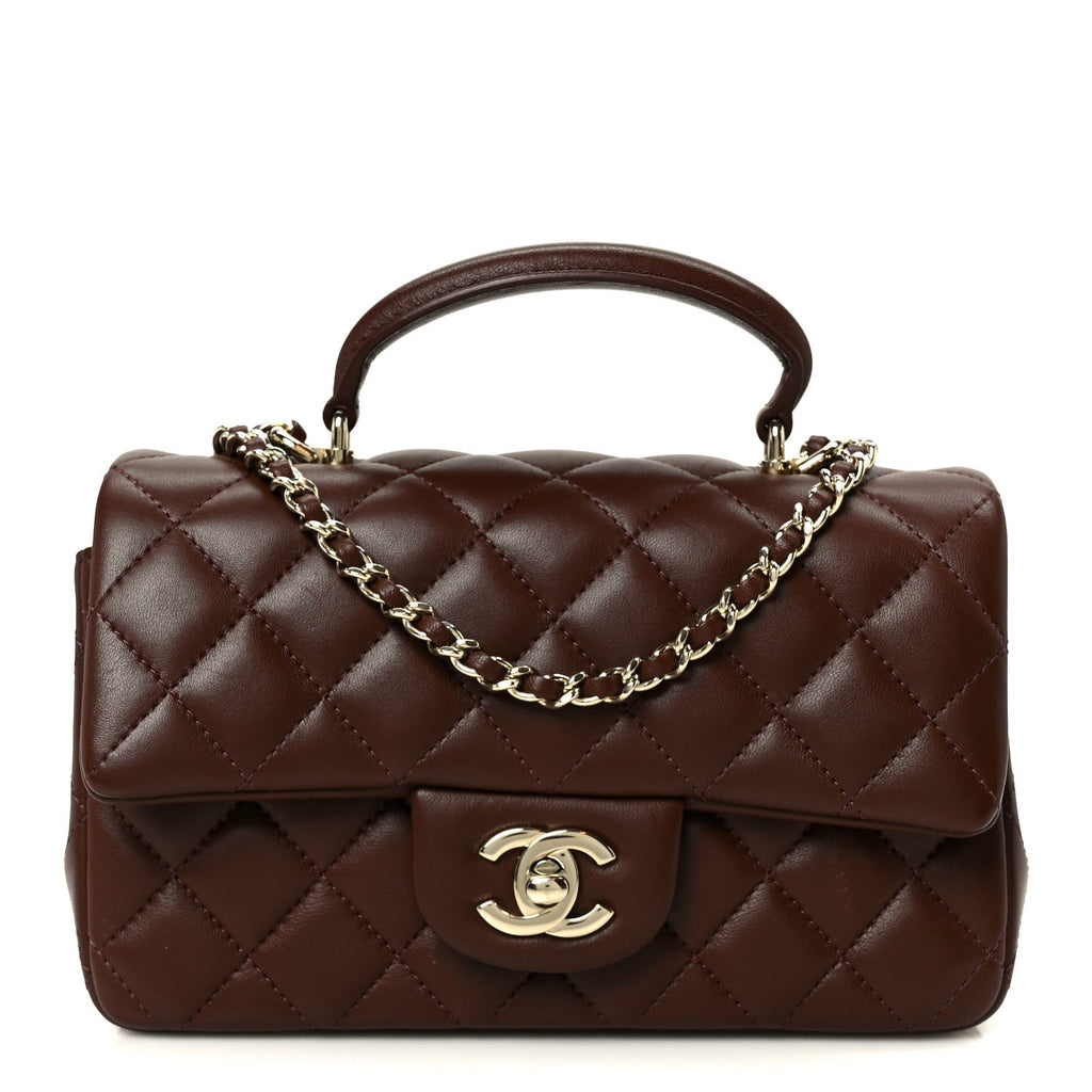 Chanel Lambskin Quilted Mini Top Handle Rectangular Flap Dark Brown