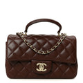 Chanel Lambskin Quilted Mini Top Handle Rectangular Flap Dark Brown