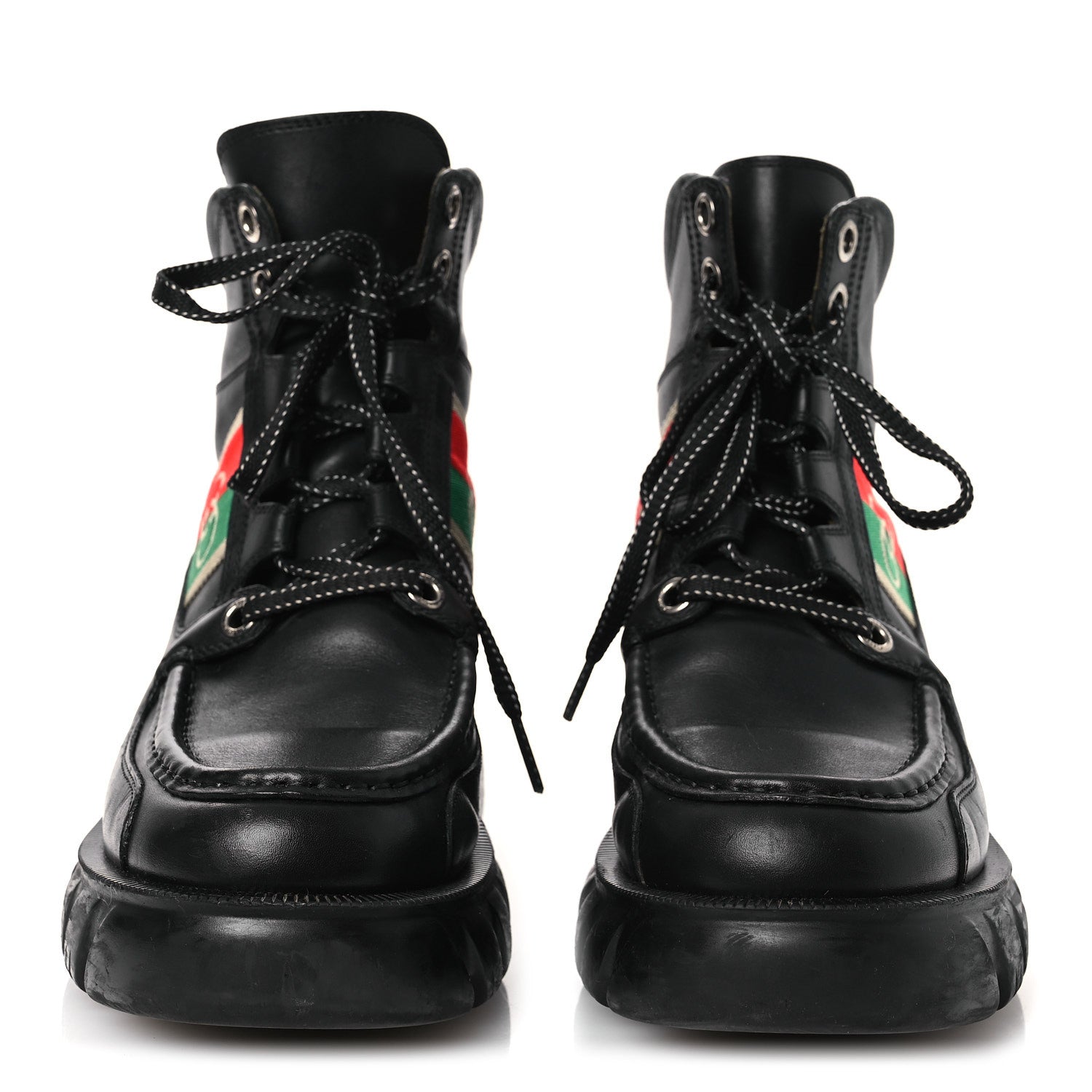 Gucci Quebec Calfskin Web Womens Interlocking G Lace Up Combat Boots 38 Black Mystic White Green Red