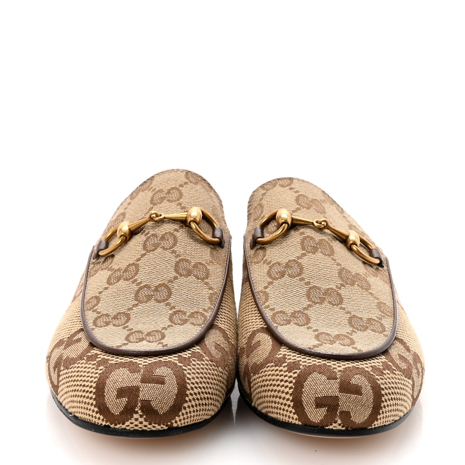 Gucci Monogram Jumbo GG Malaga Kid Womens Princetown Slippers 35.5 Camel Ebony New Acero Beige
