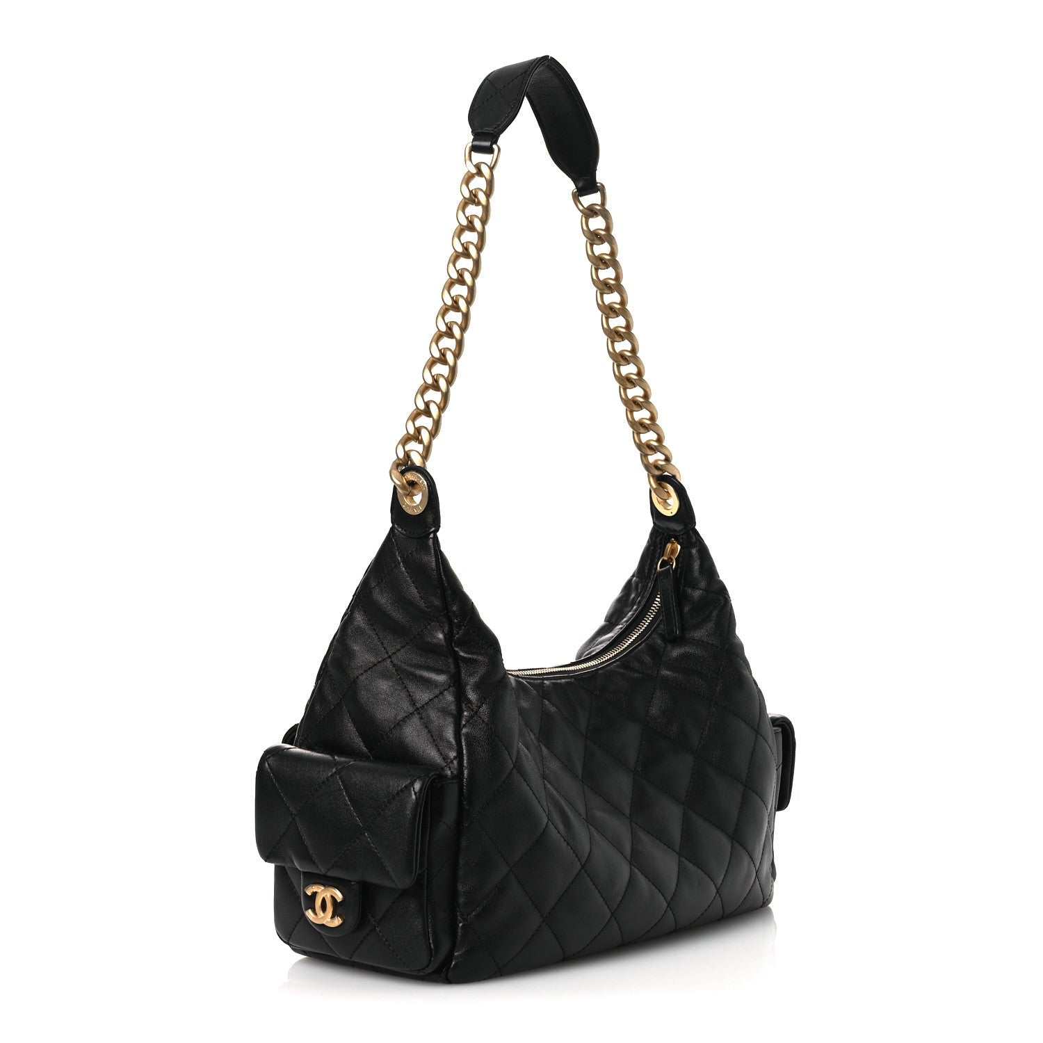 Chanel Shiny Lambskin Quilted Trendy Pockets Hobo Black