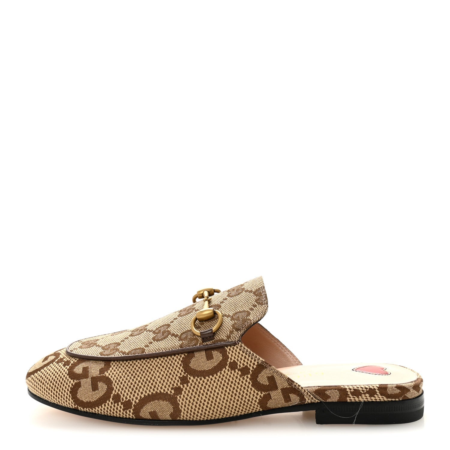 Gucci Monogram Jumbo GG Malaga Kid Womens Princetown Slippers 35 Camel Ebony New Acero Beige
