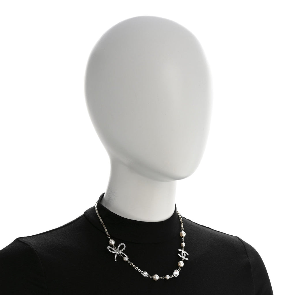 Pearl Crystal CC Bow Necklace Gold