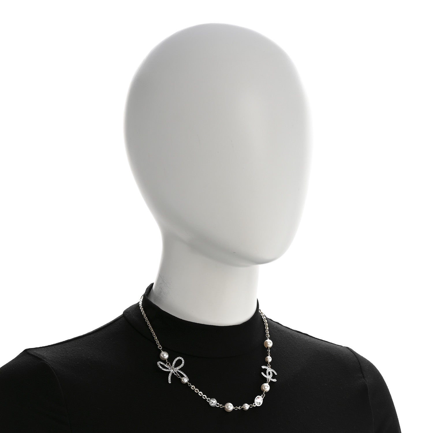 Pearl Crystal CC Bow Necklace Gold