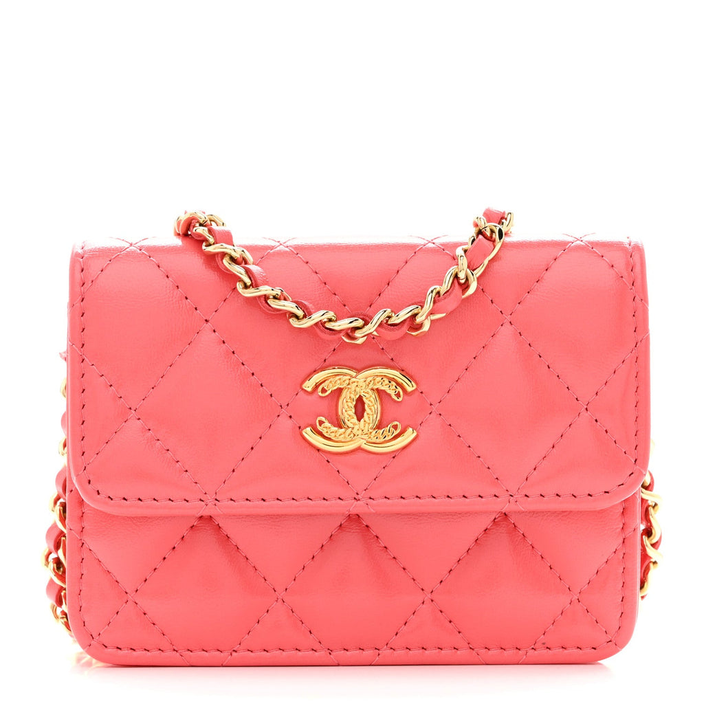 Chanel Shiny Lambskin Quilted Card Holder On Chain Pink
