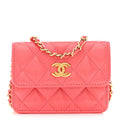 Chanel Shiny Lambskin Quilted Card Holder On Chain Pink