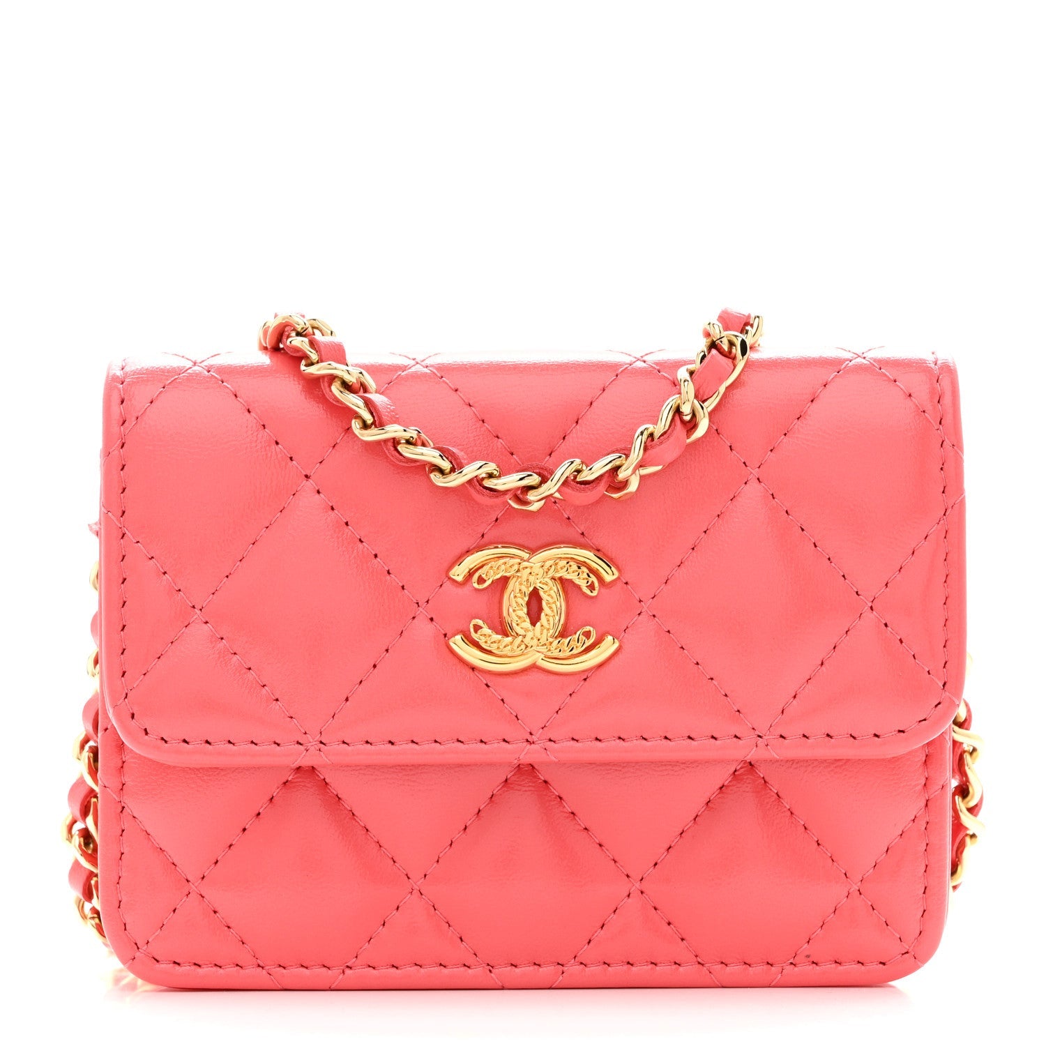 Chanel Shiny Lambskin Quilted Card Holder On Chain Pink