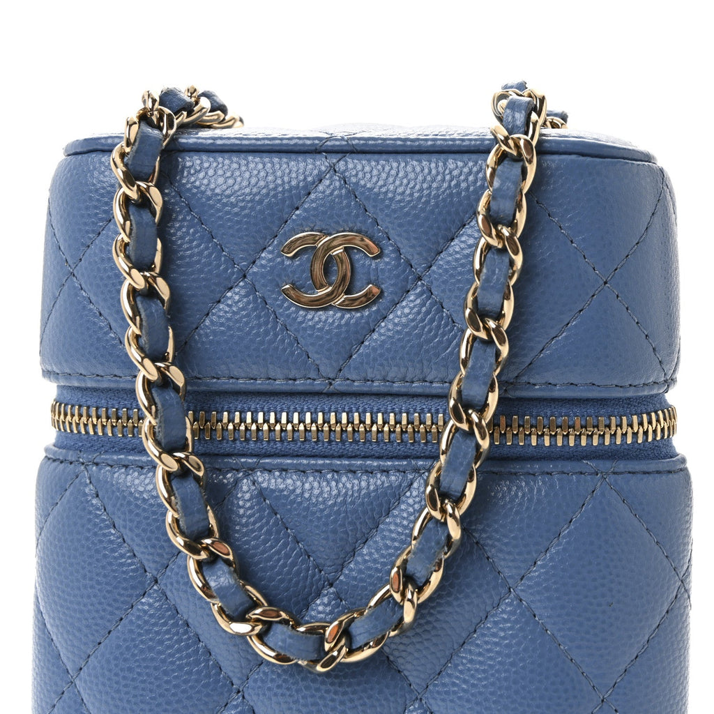 Chanel Caviar Quilted Phone Holder With Chain Blue