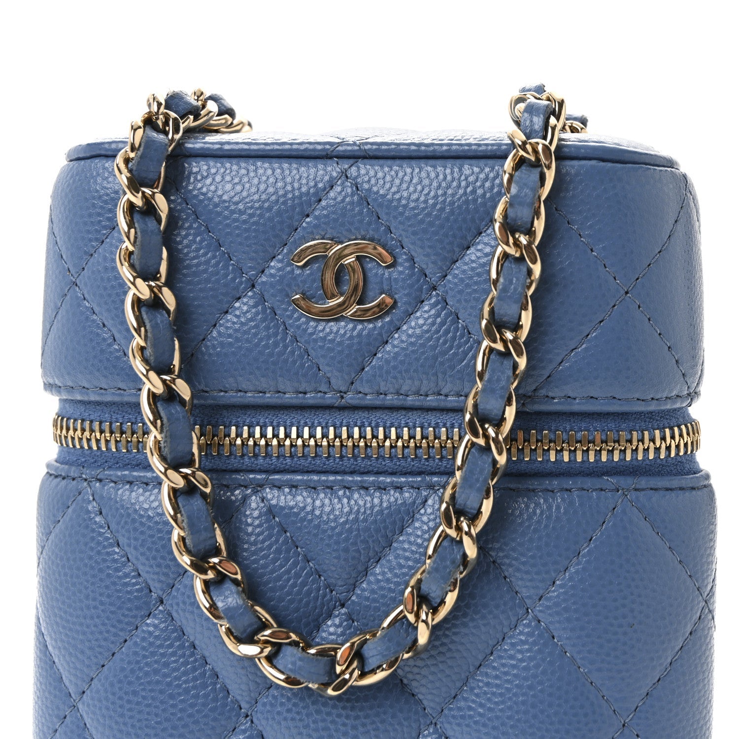 Chanel Caviar Quilted Phone Holder With Chain Blue