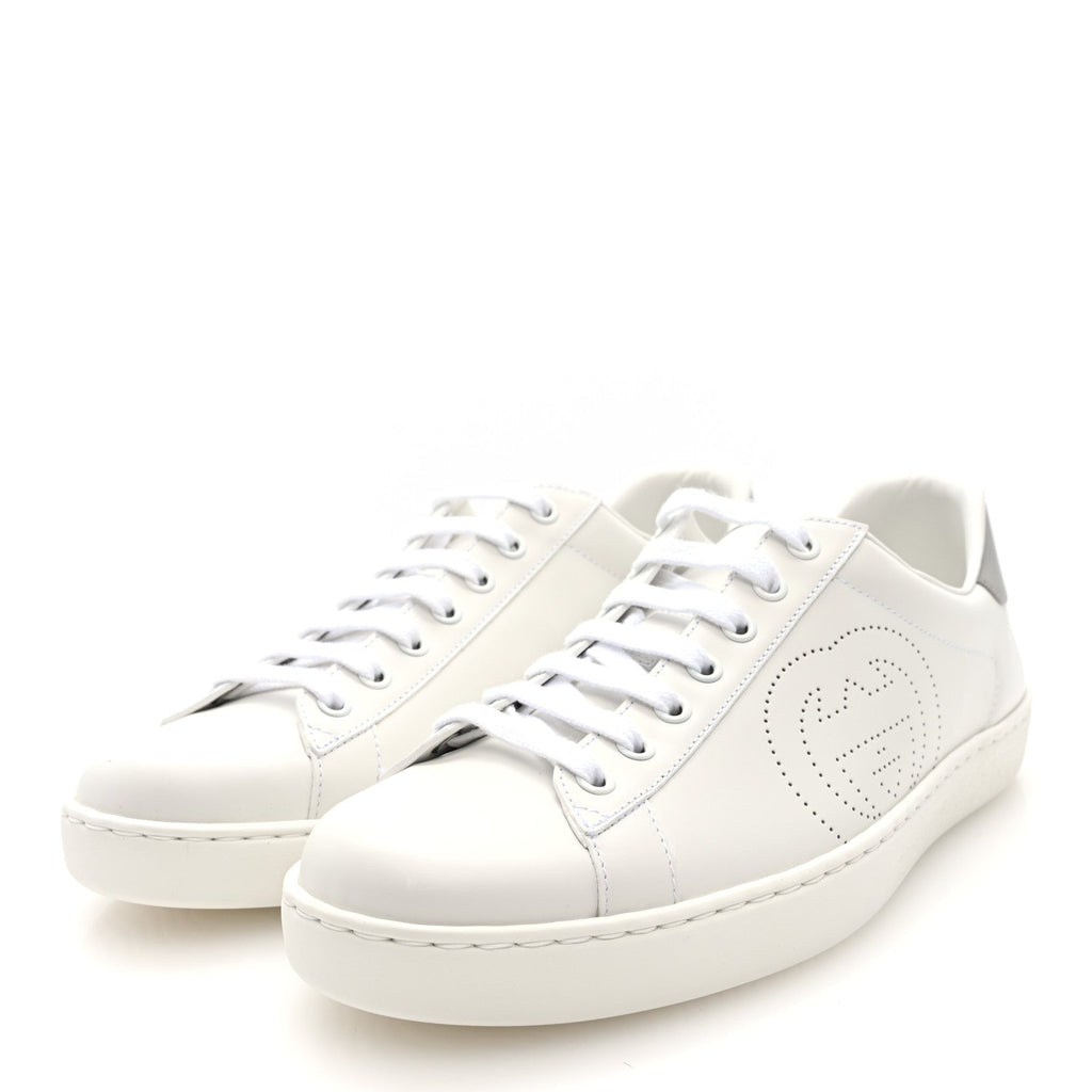 Gucci Calfskin Interlocking G Perforated Mens Ace Sneakers 8 White Grey Sky