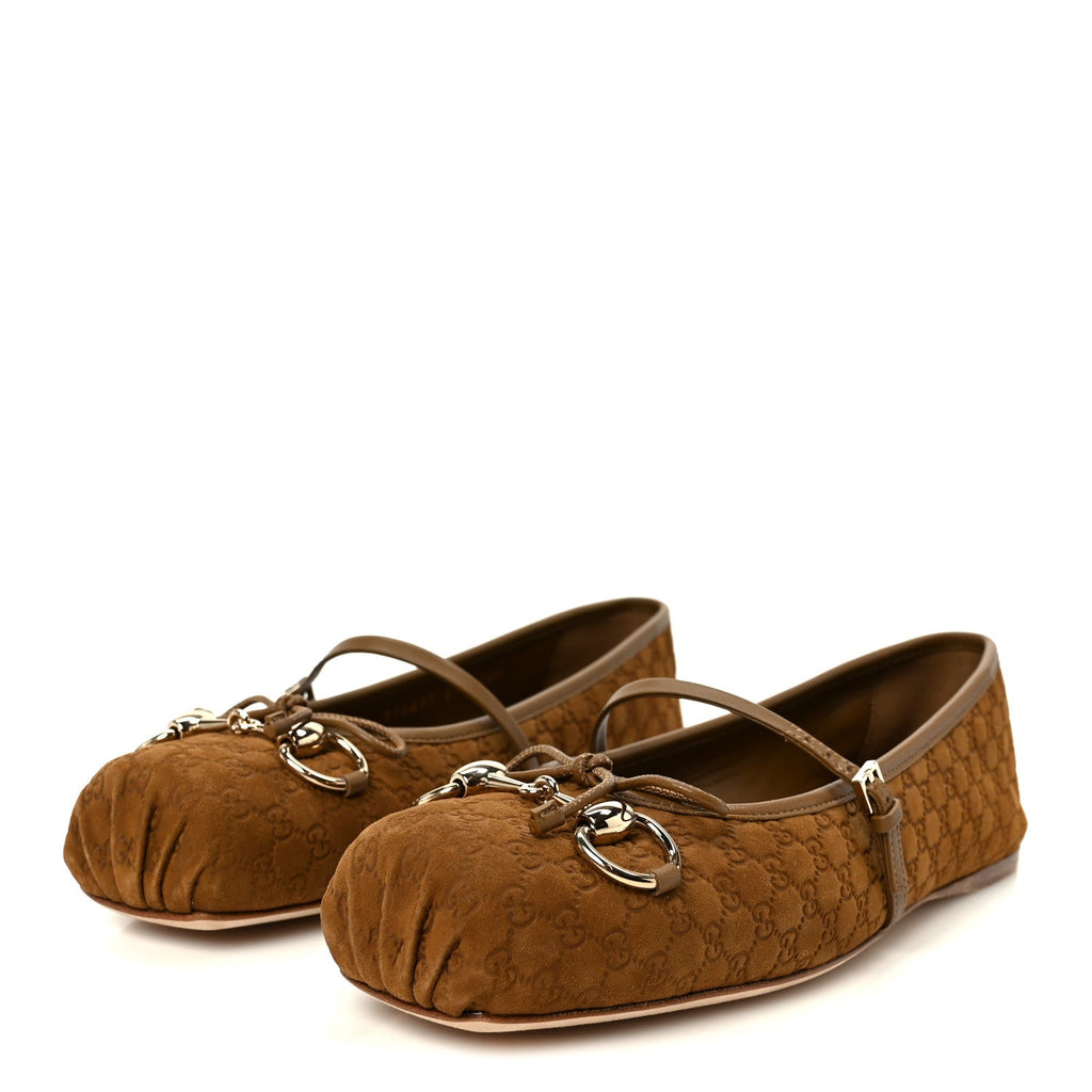 Gucci Kid Scamosciato Micro GG Monogram Horsebit Ballet Flats 37.5 Cuoio Dafne