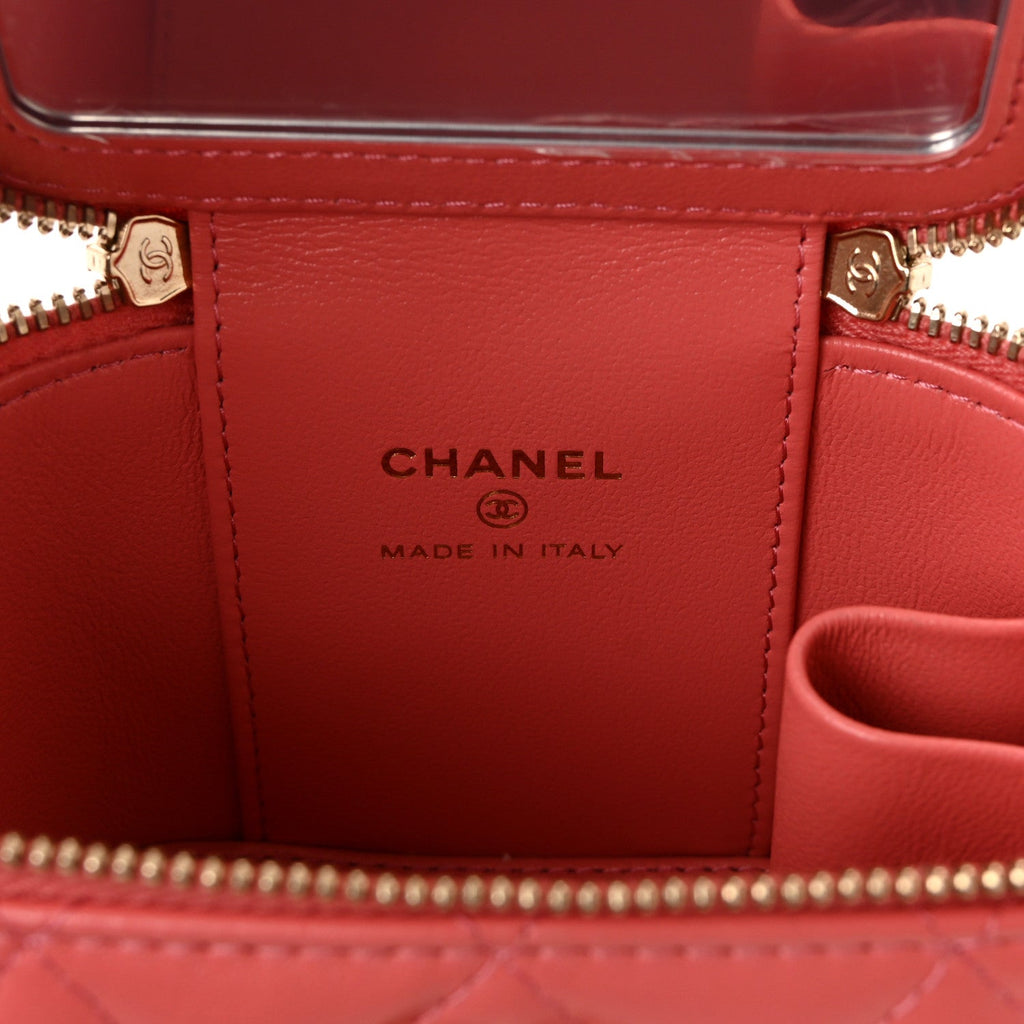 Chanel Lambskin Quilted Crystal Top Handle Mini Vanity Case With Chain Coral
